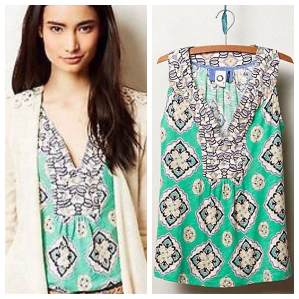 Anthropologie Mint Green Printed Ruffle V-Neck Tank Top